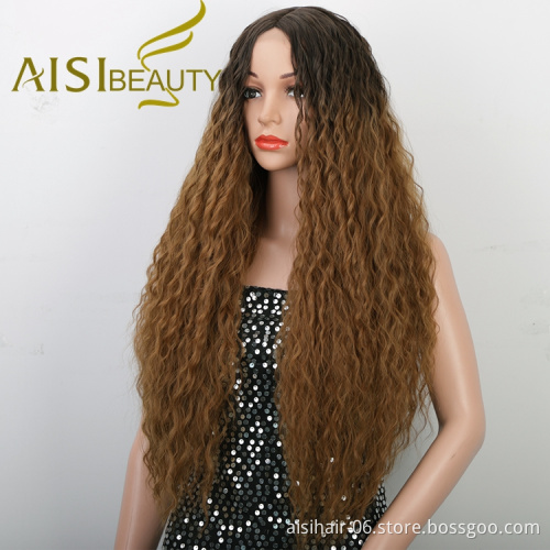 Good Quality Cheap Price Natural Hairline Swiss Lace Ombre Black Brown Long Fiber Kinky Curly Synthetic Hair Wigs